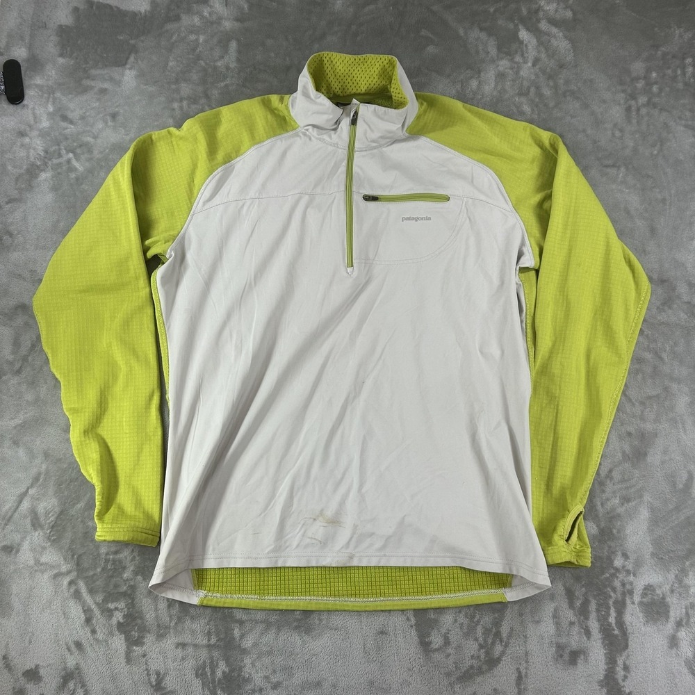 Patagonia Pullover Mens XL Green White Fleece 1/4 Zip Thumbholes Running Outdoor